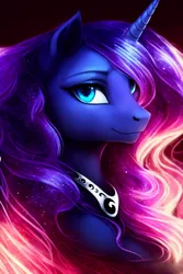 Size: 1024x1536 | Tagged: safe, derpibooru import, machine learning generated, purplesmart.ai, stable diffusion, princess luna, alicorn, pony, beautiful, collar, cute, ethereal mane, female, flowing mane, glowing mane, horn, image, jewelry, looking at you, lunabetes, mare, png, regalia, smiling, smiling at you, solo
