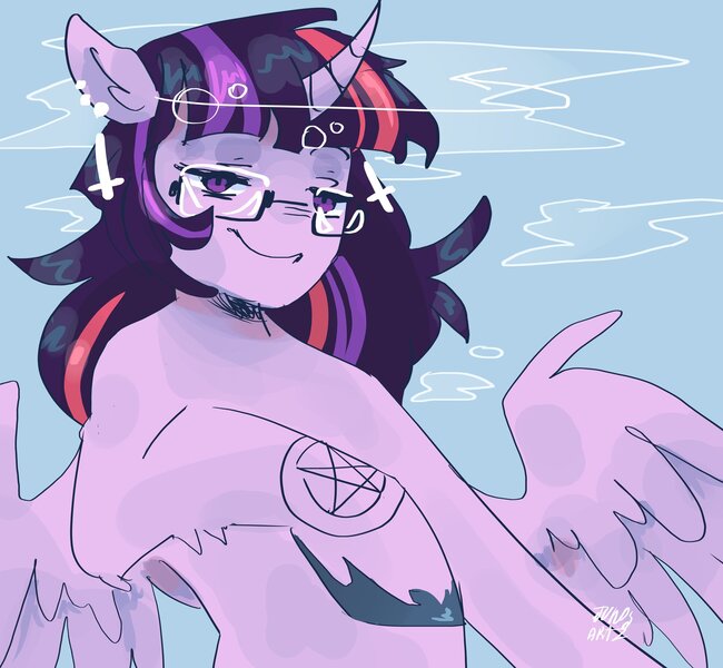 Size: 2048x1890 | Tagged: safe, artist:dmitrymemovznok, derpibooru import, twilight sparkle, twilight sparkle (alicorn), alicorn, pony, bubble, digital art, ear piercing, female, flowing mane, glasses, horn, image, jpeg, lidded eyes, looking at you, mare, piercing, signature, smiling, smiling at you, smirk, solo, spread wings, underwater, unshorn fetlocks, water, wings