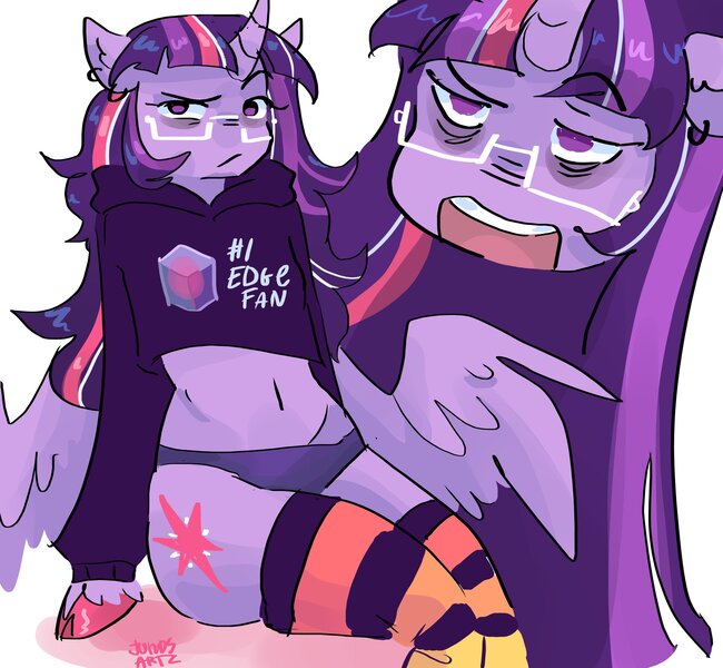 Size: 2048x1890 | Tagged: safe, artist:dmitrymemovznok, derpibooru import, twilight sparkle, alicorn, anthro, bags under eyes, belly button, clothes, frown, glasses, hoodie, hooves, image, jpeg, midriff, open mouth, panties, simple background, sitting, socks, solo, thigh highs, underwear, unshorn fetlocks, white background