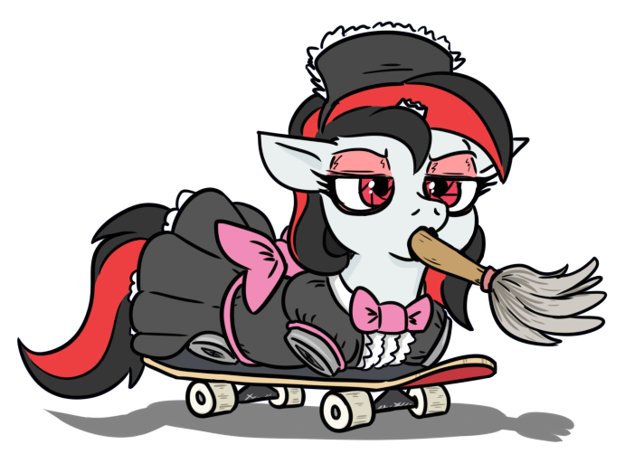 Size: 712x502 | Tagged: safe, artist:jargon scott, oc, oc:blackjack, unofficial characters only, cyborg, pony, unicorn, fallout equestria, fallout equestria: project horizons, amputee, broken horn, clothes, cybernetic eyes, duster, eyeshadow, fanfic art, female, floppy ears, horn, image, large horn, lidded eyes, maid, makeup, mare, mouth hold, png, quadruple amputee, sausagejack, simple background, skateboard, solo, white background