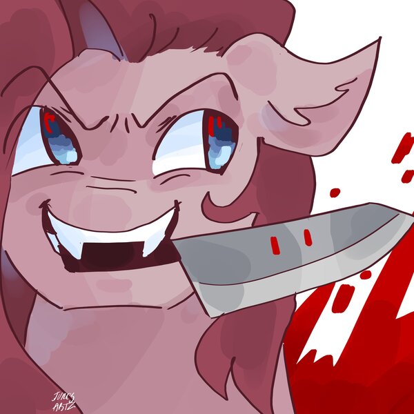 Size: 2048x2048 | Tagged: safe, artist:dmitrymemovznok, derpibooru import, pinkie pie, earth pony, pony, blood, close-up, image, jpeg, knife, mouth hold, pinkamena diane pie, sharp teeth, smiling, solo, teeth