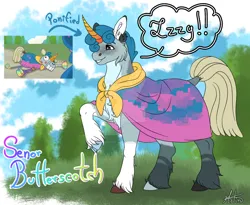 Size: 1280x1052 | Tagged: safe, artist:malinraf1615, derpibooru import, ponified, pony, unicorn, cape, clothes, g5, image, implied izzy moonbow, kiss on the cheek, kissing, male, png, screencap reference, señor butterscotch, solo, stallion, unshorn fetlocks