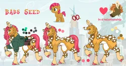 Size: 1280x674 | Tagged: safe, artist:malinraf1615, derpibooru import, babs seed, button mash, earth pony, pony, alternate design, bald, bracelet, buttonseed, cheek fluff, chest fluff, clothes, coat markings, comb, ear piercing, earring, eyebrow piercing, female, heart, image, jewelry, male, manehattan, mare, older, older babs seed, piercing, png, reference sheet, scissors, shipping, shirt, socks (coat marking), solo focus, stallion, straight, twitterina design, unshorn fetlocks