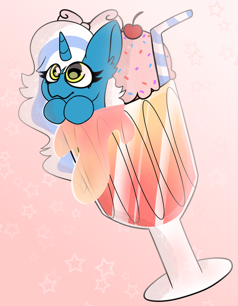 Size: 1942x2500 | Tagged: safe, artist:dreamer-elphii, derpibooru import, oc, oc:fleurbelle, unofficial characters only, alicorn, pony, alicorn oc, bow, cherry, cute, female, food, glass, hair bow, horn, ice cream, image, mare, pink background, png, simple background, solo, sprinkles, straw, wings, yellow eyes