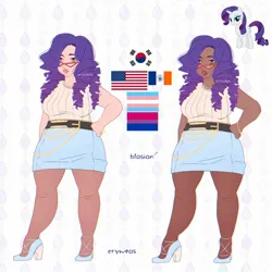 Size: 2048x2048 | Tagged: safe, artist:cryweas, derpibooru import, rarity, human, pony, unicorn, alternate hairstyle, american flag, asian, belt, bisexual pride flag, blasian, bracelet, breasts, busty rarity, chubby, clothes, dark skin, eyeshadow, female, flag, glasses, grin, high heels, humanized, image, jewelry, jpeg, korean, lipstick, makeup, mare, moon runes, pride, pride flag, reference sheet, ring, shoes, skirt, sleeveless, sleeveless sweater, smiling, socks, solo, south korea, stockings, sweater, thigh highs, trans female, transgender, transgender pride flag