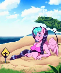 Size: 2362x2834 | Tagged: suggestive, artist:wild-fluff, derpibooru import, oc, oc:galactic lights, anthro, beach, belly button, blushing, fetish, image, looking down, peril, png, quicksand, sand, sign, tree, water