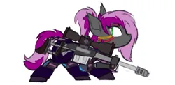 Size: 798x390 | Tagged: safe, artist:skookz, derpibooru import, oc, unofficial characters only, bat pony, cyborg, pony, armor, female, gun, image, mare, png, ponytail, rifle, simple background, sneaking, sniper rifle, solo, weapon, white background, wires