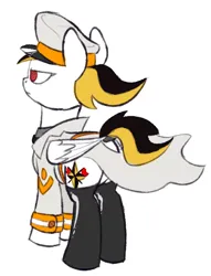 Size: 610x798 | Tagged: safe, artist:skookz, derpibooru import, oc, oc:spark apocalypse, unofficial characters only, pegasus, pony, cap, clothes, dock, female, hat, image, mare, military uniform, overcoat, png, rubber boots, simple background, solo, tail, uniform, white background, wind