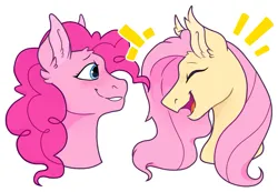 Size: 1043x720 | Tagged: safe, artist:malphym, derpibooru import, fluttershy, pinkie pie, earth pony, pegasus, pony, blushing, bust, ear fluff, eyes closed, female, flutterpie, image, laughing, lesbian, mare, png, shipping, simple background, smiling, white background
