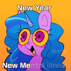 Size: 1000x1000 | Tagged: safe, artist:opossum-stuff, derpibooru import, izzy moonbow, pony, unicorn, bust, female, g5, gradient background, image, jpeg, mare, mental illness, new year, open mouth, open smile, smiling, solo, text, yellow sclera