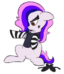 Size: 715x820 | Tagged: safe, artist:skookz, derpibooru import, oc, oc:almond budder, unofficial characters only, earth pony, pony, annoyed, bow, clothes, dressing, face tattoo, hair bow, image, makeup, male, png, shirt, simple background, sitting, socks, solo, stallion, t-shirt, tattoo, white background