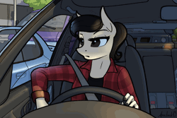 Size: 2000x1333 | Tagged: safe, artist:apocheck13, derpibooru import, oc, oc:elya, unofficial characters only, anthro, earth pony, animated, anthro oc, blinking, car, driving, earth pony oc, eyebrows, female, flashing, frown, gif, image, sitting, solo, traffic, waiting