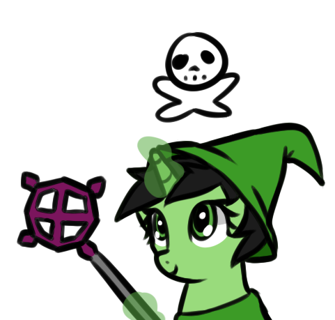 Size: 481x459 | Tagged: safe, artist:neuro, derpibooru import, oc, oc:anonfilly, unofficial characters only, pony, unicorn, ancient staff, female, filly, glow, glowing horn, hat, horn, image, magic staff, mare, png, runescape, simple background, skull and crossbones, smiling, solo, transparent background, wizard hat