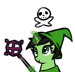 Size: 481x459 | Tagged: safe, artist:neuro, derpibooru import, oc, oc:anonfilly, unofficial characters only, pony, unicorn, ancient staff, female, filly, glow, glowing horn, hat, horn, image, magic staff, mare, png, runescape, simple background, skull and crossbones, smiling, solo, transparent background, wizard hat