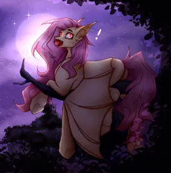 Size: 2592x2628 | Tagged: safe, artist:krissograph, derpibooru import, fluttershy, bat pony, pony, apple, bat ponified, butt, exclamation point, fangs, female, flutterbat, flutterbutt, food, full moon, image, looking at you, looking back, looking back at you, mare, moon, mouth hold, night, plot, png, race swap, solo, tree branch