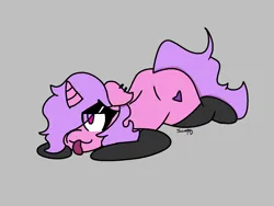 Size: 1600x1200 | Tagged: suggestive, artist:scarlet-gore, derpibooru import, oc, oc:pastel crystal, unofficial characters only, pony, unicorn, ass up, begging, black socks, clothes, ear piercing, floppy ears, fluffy, heart, horn, image, kneeling, lying down, on floor, one ear down, original character do not steal, piercing, pink, png, purple, socks, submissive, sultry pose, thick, thighs, thunder thighs, tongue out, unicorn oc