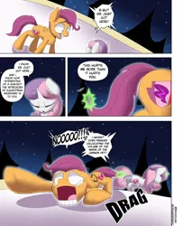 Size: 3000x3700 | Tagged: safe, artist:begoliah, derpibooru import, scootaloo, sweetie belle, pegasus, pony, unicorn, comic:crusaders, comic, female, filly, image, jpeg, tail, tail pull