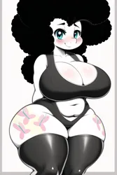 Size: 512x768 | Tagged: suggestive, derpibooru import, editor:poneboycole, machine learning generated, novelai, stable diffusion, fluttershy, anthro, afro, alternate hairstyle, arm behind back, big breasts, black and white, blushing, breasts, busty fluttershy, chubby, cleavage, clothes, female, grayscale, huge breasts, image, impossibly large thighs, impossibly wide hips, latex, latex socks, monochrome, neo noir, partial color, png, simple background, smiling, socks, solo, solo female, thighs, thunder thighs, white background, wide hips