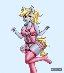 Size: 1500x1700 | Tagged: suggestive, artist:zachc, derpibooru import, derpy hooves, anthro, pegasus, unguligrade anthro, alternate hairstyle, blushing, boob window, breasts, busty derpy hooves, clothes, feet, female, image, lingerie, png, raised leg, sexy, socks, solo, stupid sexy derpy, thigh highs