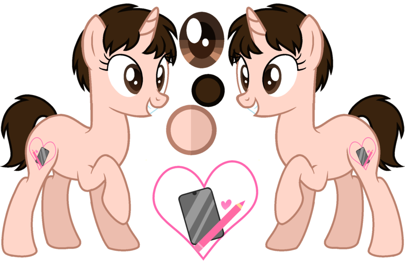 Size: 2055x1337 | Tagged: safe, artist:tanahgrogot, derpibooru import, oc, oc:siti shafiyyah, unofficial characters only, pony, unicorn, base used, female, grin, happy, heart, image, irl, mare, medibang paint, mobile phone, pencil, phone, photo, png, reference sheet, simple background, smartphone, smiling, solo, transparent background