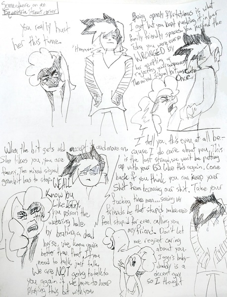 Size: 2860x3747 | Tagged: safe, artist:vinny, derpibooru import, oc, oc:generic messy hair anime anon, oc:heartspring, earth pony, human, dialogue, drama, image, jpeg, pen sketch, traditional art