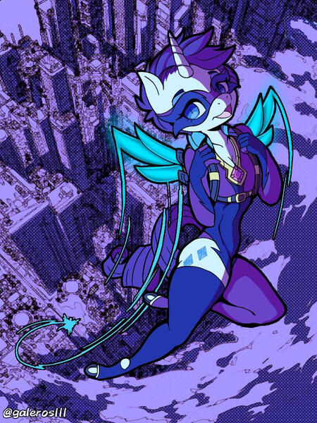 Size: 768x1024 | Tagged: suggestive, artist:eduar007, derpibooru import, radiance, rarity, anthro, unicorn, artificial wings, augmented, city, cityscape, clothes, flying, happy, image, jpeg, leotard, looking at you, mask, mechanical wing, open mouth, power ponies, wings