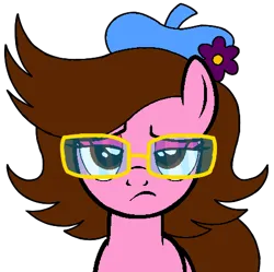 Size: 446x444 | Tagged: safe, artist:noi kincade, derpibooru import, oc, oc:tiffany fisher, unofficial characters only, bedroom eyes, brown eyes, brown hair, eyeshadow, female, flower, glasses, hair, hat, headwear, image, makeup, pink body, plant, png, sad, solo, unamused, worried