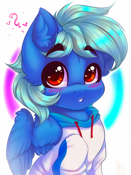 Size: 1200x1600 | Tagged: safe, artist:falafeljake, derpibooru import, oc, unofficial characters only, pegasus, pony, blushing, clothes, ear fluff, eyebrows, eyebrows visible through hair, female, image, jpeg, mare, signature, solo