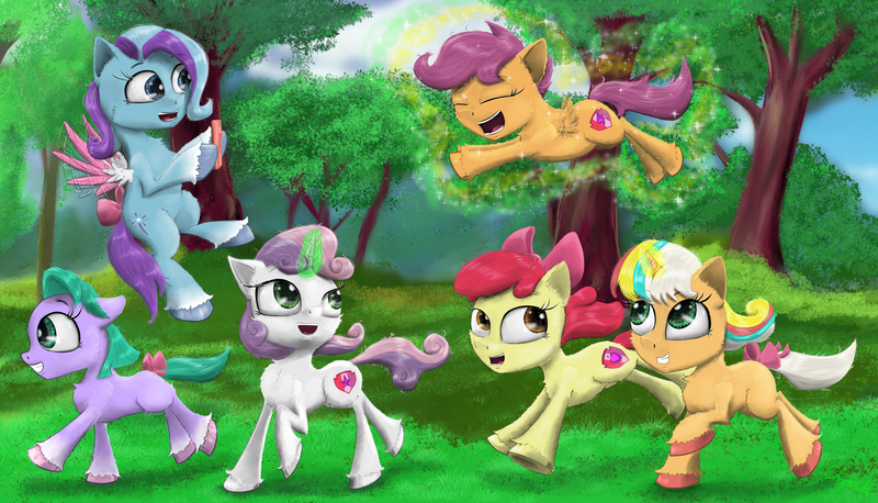 Size: 4895x2800 | Tagged: safe, artist:chopsticks, derpibooru import, apple bloom, scootaloo, sweetie belle, earth pony, pegasus, pony, unicorn, apple bloom's bow, bow, cheek fluff, chest fluff, chipped tooth, cute, cutealoo, cutie mark crusaders, ear fluff, eyes closed, female, filly, floppy ears, flying, foal, forest, g5, glory (g5), gradient hooves, hair bow, hoof hold, image, levitation, magic, magic aura, mobile phone, open mouth, peach fizz, phone, pippsqueak trio, png, raised hoof, running, scootalove, seashell, seashell (g5), smiling, spread wings, telekinesis, tree, unshorn fetlocks, wings