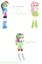 Size: 834x1280 | Tagged: safe, artist:prettycelestia, derpibooru import, fluttershy, rainbow dash, boots, clothes, eyeshadow, fusion, high heel boots, image, jacket, jewelry, makeup, multicolored hair, multiple arms, png, purple eyes, rainbow hair, ring, shoes