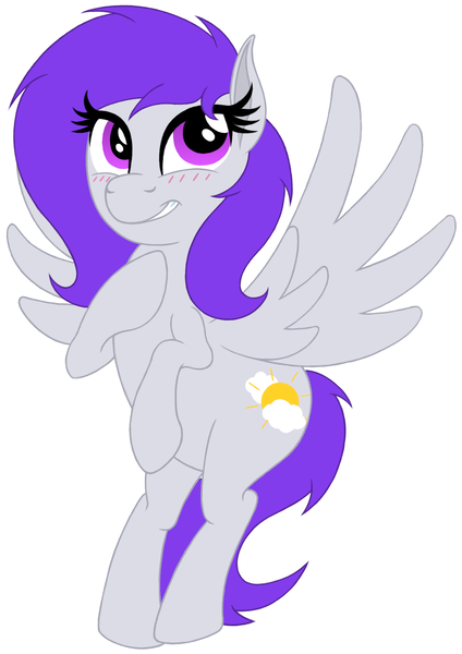 Size: 1200x1700 | Tagged: safe, artist:roseluck, derpibooru import, oc, oc:morning glory (project horizons), unofficial characters only, pegasus, pony, fallout equestria, fallout equestria: project horizons, blushing, derpibooru exclusive, enclave, fanfic art, female, flying, full body, grand pegasus enclave, hoof on chest, image, looking up, mare, open mouth, open smile, pegasus oc, png, simple background, smiling, solo, spread wings, tail, three quarter view, white background, wings