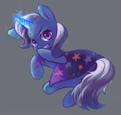 Size: 1451x1370 | Tagged: safe, artist:horseyuris, derpibooru import, trixie, pony, unicorn, female, giggling, glow, glowing horn, hatless, horn, image, jpeg, looking at you, magic, mare, missing accessory, simple background, solo