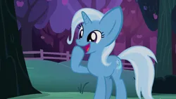 Size: 1280x720 | Tagged: safe, derpibooru import, edit, edited screencap, screencap, trixie, pony, unicorn, season 7, uncommon bond, big ears, cute, diatrixes, female, happy, hoof over mouth, image, mare, missing accessory, open mouth, png, raised hoof, random, silly, solo, tree