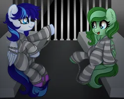 Size: 2500x2000 | Tagged: safe, artist:sweet cream, derpibooru import, oc, oc:eden shallowleaf, oc:snowflake flower, bound wings, chained, chains, clothes, commissioner:rainbowdash69, cuffed, cuffs, duo, image, jail, jail cell, never doubt rainbowdash69's involvement, png, prison, prison outfit, prison stripes, shackles, wings