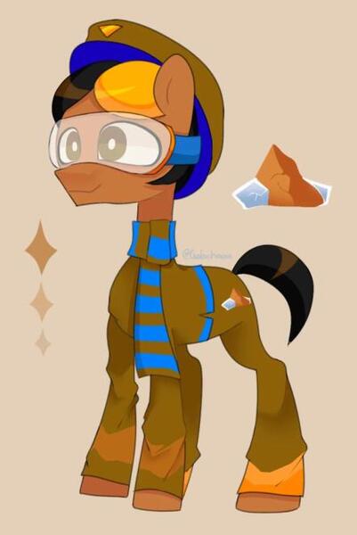 Size: 442x661 | Tagged: safe, derpibooru import, oc, oc:copper cap, earth pony, pony, cap, copper, goggles, hat, image, jpeg, solo