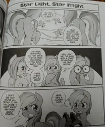 Size: 2018x2420 | Tagged: safe, derpibooru import, fluttershy, rainbow dash, bird, my little pony: the manga, spoiler:manga3, binoculars, butt, image, jpeg, looking at each other, looking at someone, manga, my little pony: the manga volume 3, plot, rainbutt dash, speech bubble