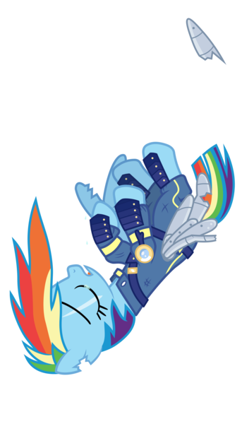 Size: 4167x7292 | Tagged: safe, alternate version, artist:gypsykumquat, derpibooru import, rainbow dash, pegasus, pony, the cutie re-mark, .svg available, absurd resolution, alternate timeline, amputee, apocalypse, apocalypse dash, artificial wings, augmented, crying, crystal war timeline, eyes closed, falling, female, image, mare, png, prosthetic limb, prosthetic wing, prosthetics, show accurate, show accurate clothing, simple background, solo, teary eyes, transparent background, vector, wings