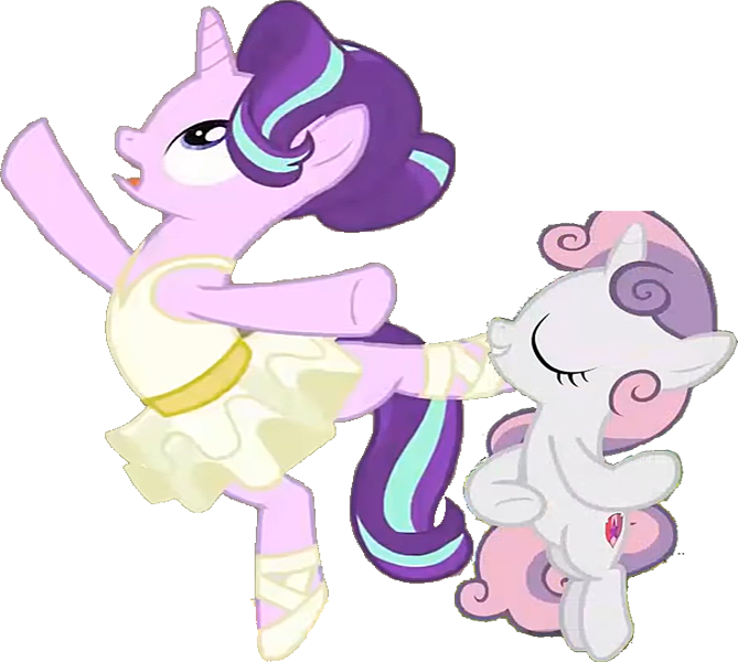 Size: 669x600 | Tagged: safe, derpibooru import, edit, edited screencap, screencap, starlight glimmer, sweetie belle, unicorn, background removed, ballerina, ballet, ballet slippers, clothes, dancing, glimmerina, image, pirouette, png, spinning, tutu