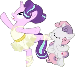Size: 669x600 | Tagged: safe, derpibooru import, edit, edited screencap, screencap, starlight glimmer, sweetie belle, unicorn, background removed, ballerina, ballet, ballet slippers, clothes, dancing, glimmerina, image, pirouette, png, spinning, tutu