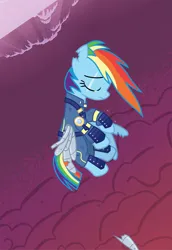 Size: 2605x3790 | Tagged: semi-grimdark, alternate version, artist:gypsykumquat, derpibooru import, rainbow dash, pegasus, pony, the cutie re-mark, .svg available, absurd resolution, alternate timeline, amputee, apocalypse, apocalypse dash, artificial wings, augmented, crying, crystal war timeline, eyes closed, falling, female, image, mare, png, prosthetic limb, prosthetic wing, prosthetics, show accurate, show accurate clothing, solo, teary eyes, vector, wings