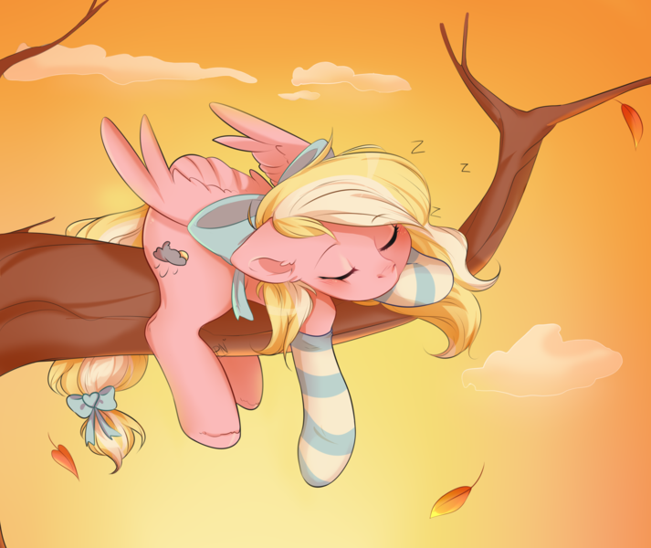 Size: 2671x2248 | Tagged: safe, artist:emberslament, artist:pledus, derpibooru import, oc, oc:bay breeze, unofficial characters only, pegasus, pony, autumn, bow, clothes, commission, cute, eyes closed, female, hair bow, high res, image, leaves, mare, ocbetes, png, sleeping, socks, solo, striped socks, tail bow, tree, tree branch, wings, ych result