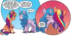 Size: 821x429 | Tagged: safe, derpibooru import, idw, official, izzy moonbow, sunny starscout, earth pony, pony, unicorn, spoiler:comic, spoiler:g5comic10, cropped, dialogue, g5, hug, image, png, speech bubble