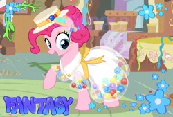 Size: 1593x1080 | Tagged: safe, artist:fantasysong, derpibooru import, pinkie pie, earth pony, pony, candy, clothes, dress, female, food, hat, image, jpeg, makeup, mare, open mouth, raised hoof, solo, sugarcube corner