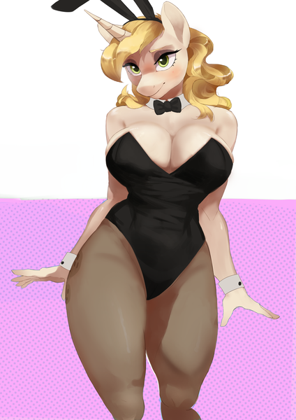 Size: 3395x4800 | Tagged: suggestive, alternate version, artist:cadillacdynamite, derpibooru import, sweet biscuit, anthro, pony, unicorn, absolute cleavage, bedroom eyes, big breasts, blushing, breasts, bunny suit, busty sweet biscuit, cleavage, clothes, curvy, female, image, looking at you, mare, pantyhose, png, solo