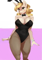 Size: 3395x4800 | Tagged: suggestive, alternate version, artist:cadillacdynamite, derpibooru import, sweet biscuit, anthro, pony, unicorn, absolute cleavage, bedroom eyes, big breasts, blushing, breasts, bunny suit, busty sweet biscuit, cleavage, clothes, curvy, female, image, looking at you, mare, pantyhose, png, solo