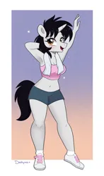 Size: 2000x3400 | Tagged: safe, artist:darkynez, derpibooru import, oc, oc:spiky flair, unofficial characters only, anthro, plantigrade anthro, unicorn, belly button, blushing, clothes, happy, image, jpeg, looking at you, midriff, open mouth, open smile, shoes, shorts, smiling, sneakers, solo, sports shorts, tanktop, towel
