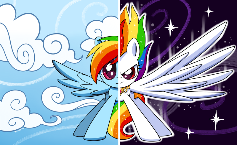 Size: 3840x2360 | Tagged: safe, artist:domesticmaid, derpibooru import, rainbow dash, pegasus, pony, background, commission, commissioner:lux-klonoa, element of loyalty, fanon, female, image, mare, png, solo, spread wings, super rainbow dash, two sides, wings