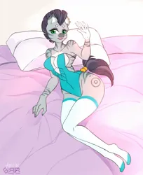 Size: 1043x1280 | Tagged: suggestive, artist:kyriamask, derpibooru import, oc, unofficial characters only, anthro, zebra, bed, breasts, clothes, commission, ear piercing, earring, eyebrows, image, jewelry, jpeg, leotard, piercing, pillow, smiling, socks, waving, waving at you, zebra oc
