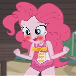 Size: 911x903 | Tagged: safe, derpibooru import, edit, edited screencap, screencap, pinkie pie, equestria girls, equestria girls series, x marks the spot, blushing, clothes, cropped, cute, excited, geode of sugar bombs, image, jpeg, magical geodes, swimsuit