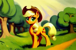 Size: 1536x1024 | Tagged: safe, derpibooru import, editor:siber, machine learning generated, purplesmart.ai, stable diffusion, applejack, earth pony, pony, cute, female, hat, image, jackabetes, looking at you, mare, orchard, png, smiling, smiling at you, solo, tree
